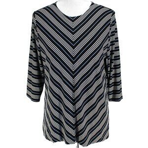 J Jill Wearever Collection Knit Top Womens Size L Black White Stripe 3/4 Sleeve
